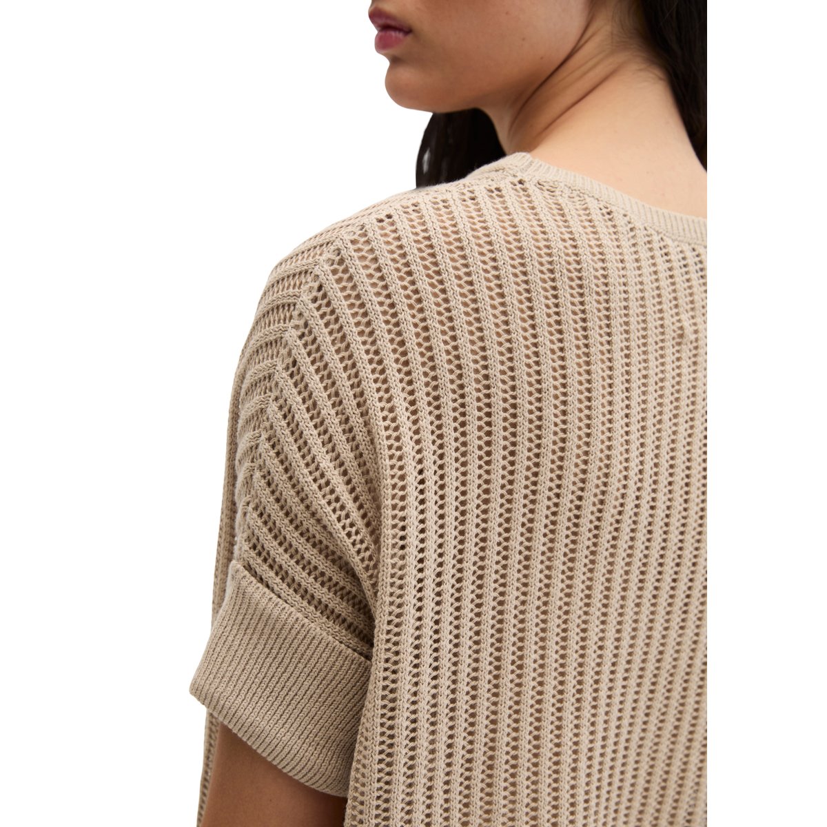 Pull-over en maille à manches courtes boxy en mélange coton organique-lin beige, MARC O'POLO