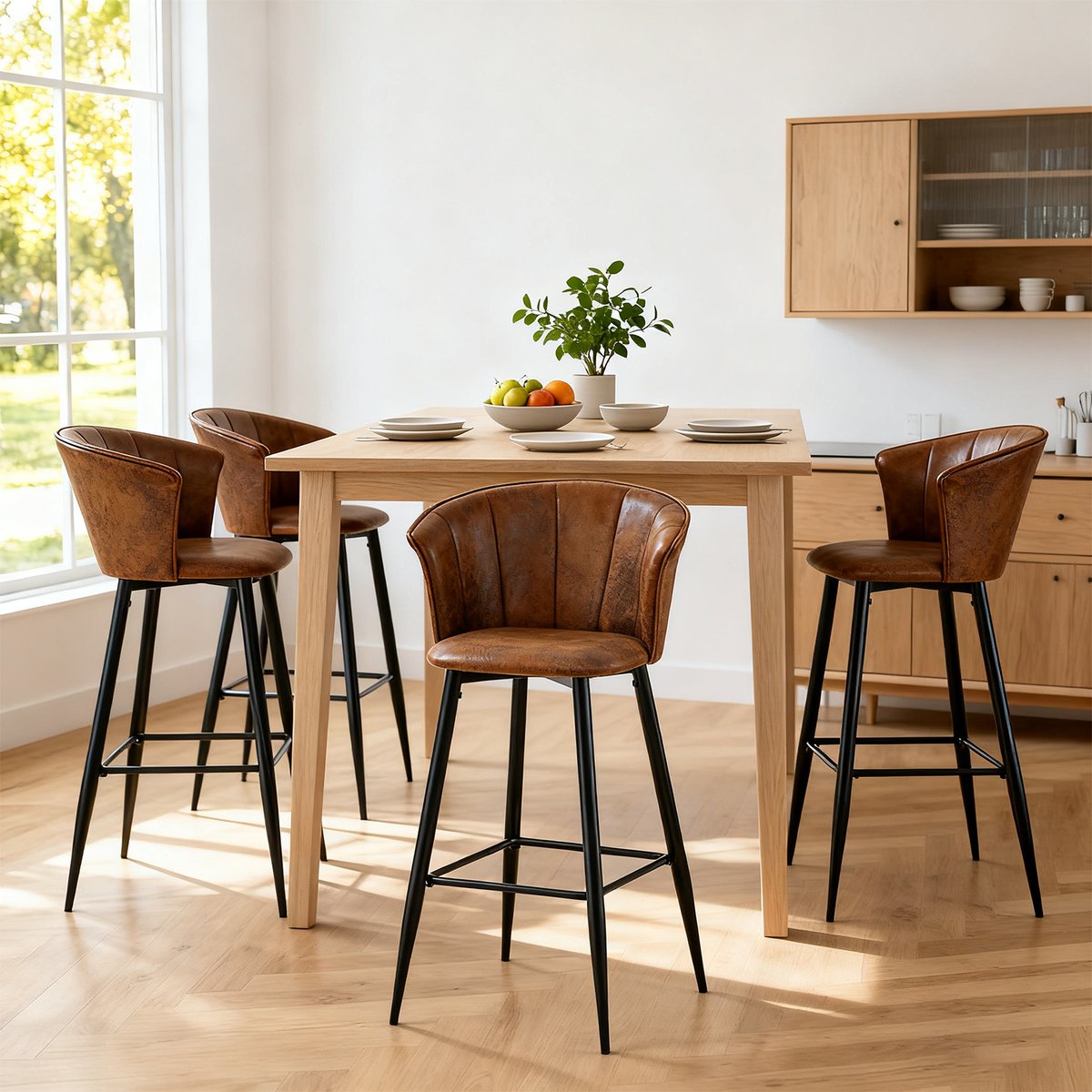 Lot de 4 tabourets de bar rétro industriel, DONCIC marron, MEUBLES COSY