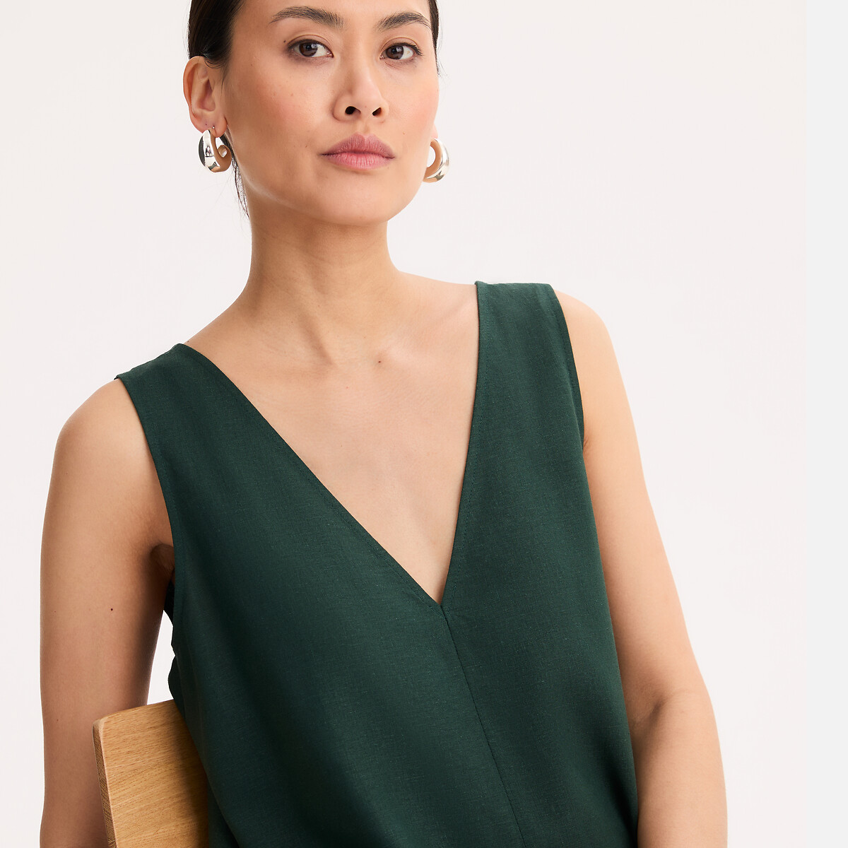 Robe sans manches longueur midi en lin et viscose vert foncé, ANNE WEYBURN