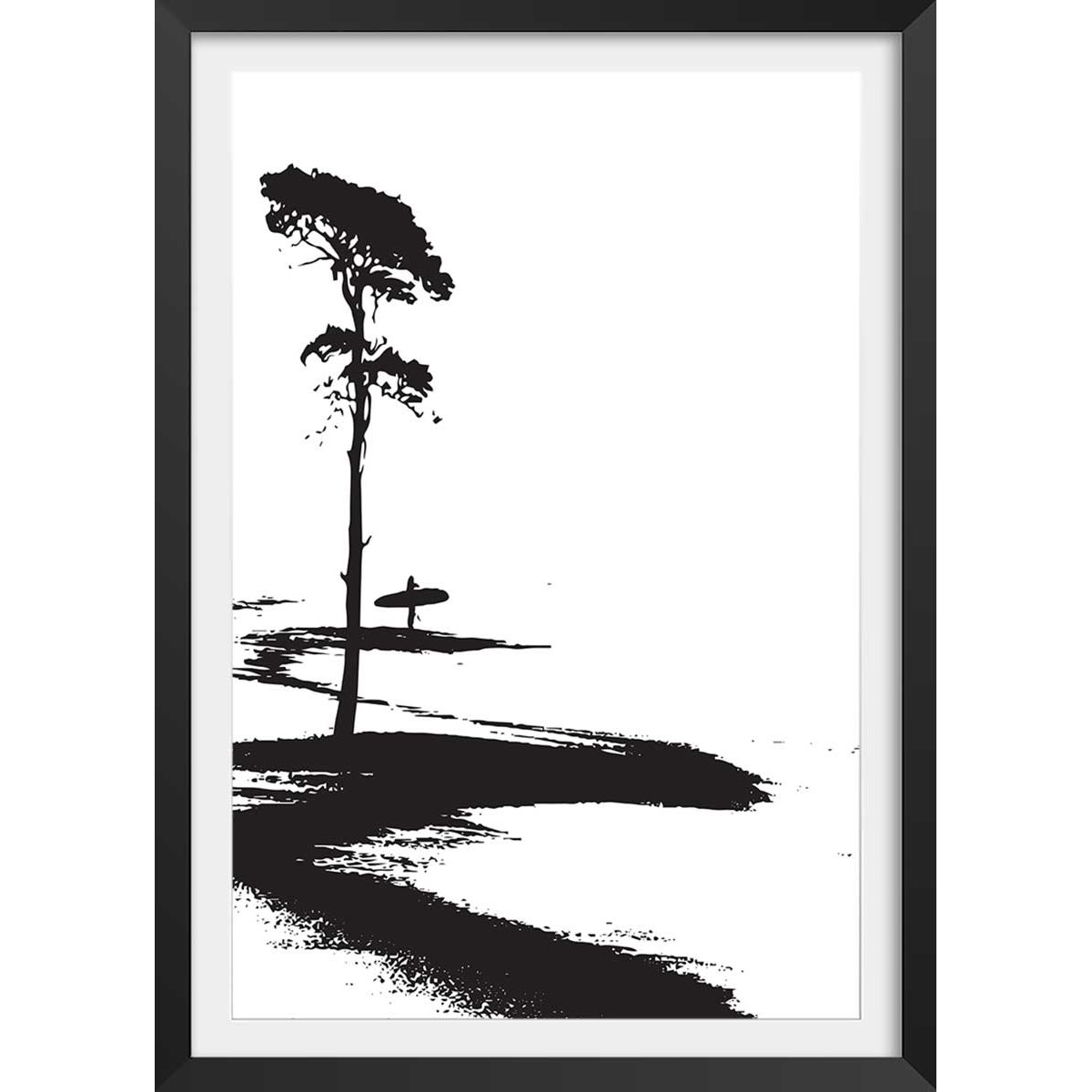 Poster surfing les landes affiche + cadre en bois - noir, HEXOA