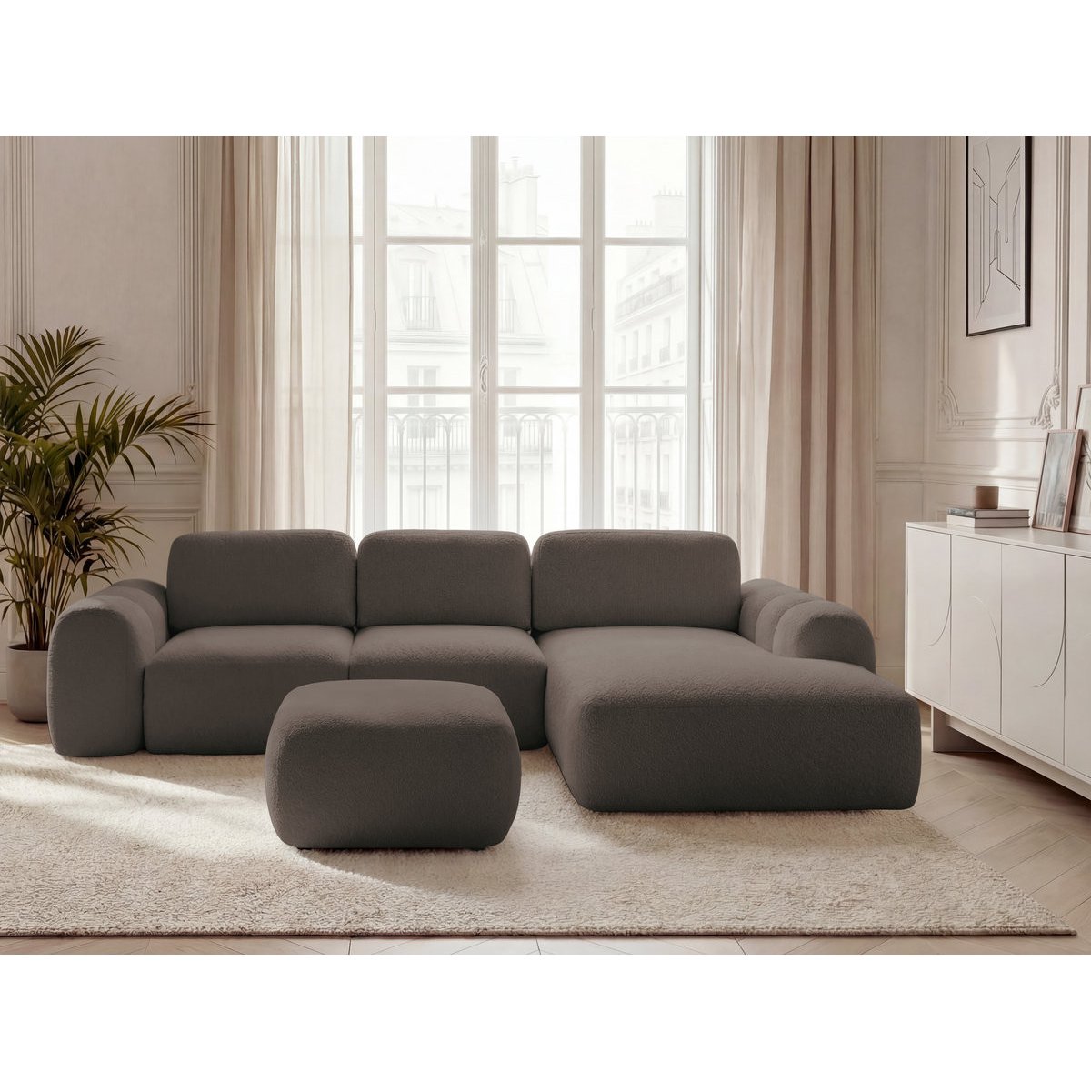 Canapé d'angle convertible 3 places en tissu bouclette avec pouf, MONTAIGNE marron, BOBOCHIC