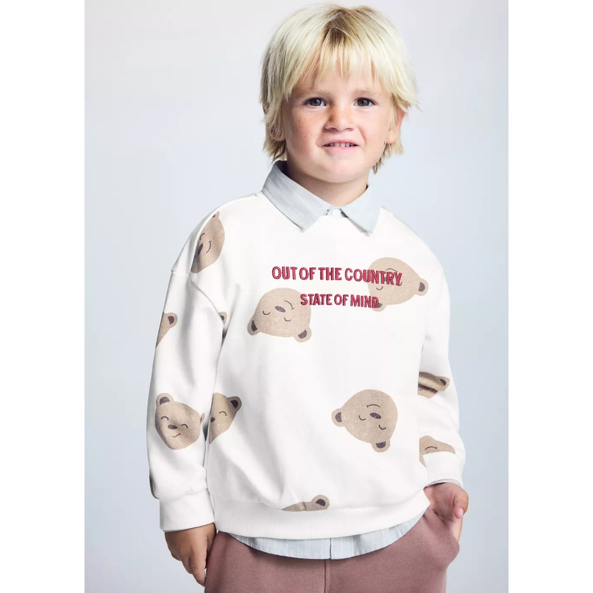 Sweat en coton à motif ours blanc cassé, MANGO BABY