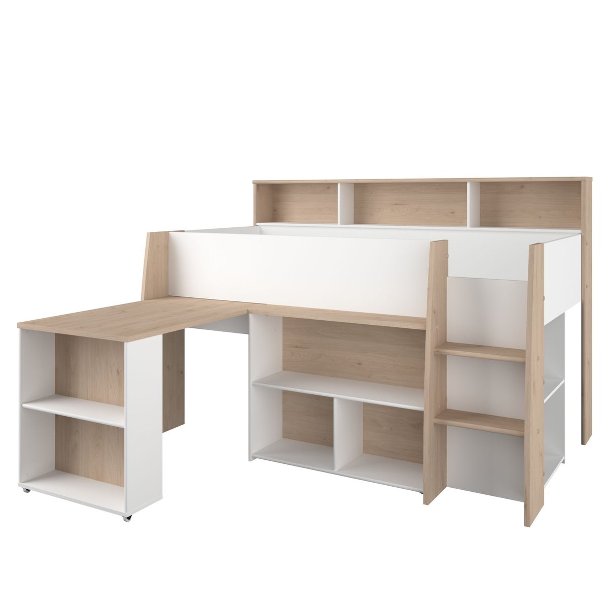 Lit mezzanine enfant bois avec bureau escamotable et rangements blanc, TERRE DE NUIT