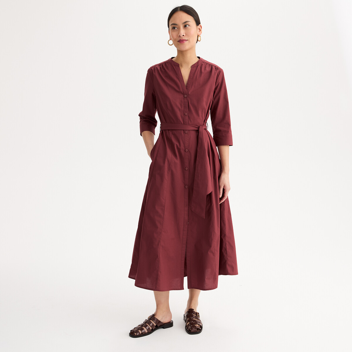 Robe longue évasée en coton, manches 3/4 marron rougi, ANNE WEYBURN