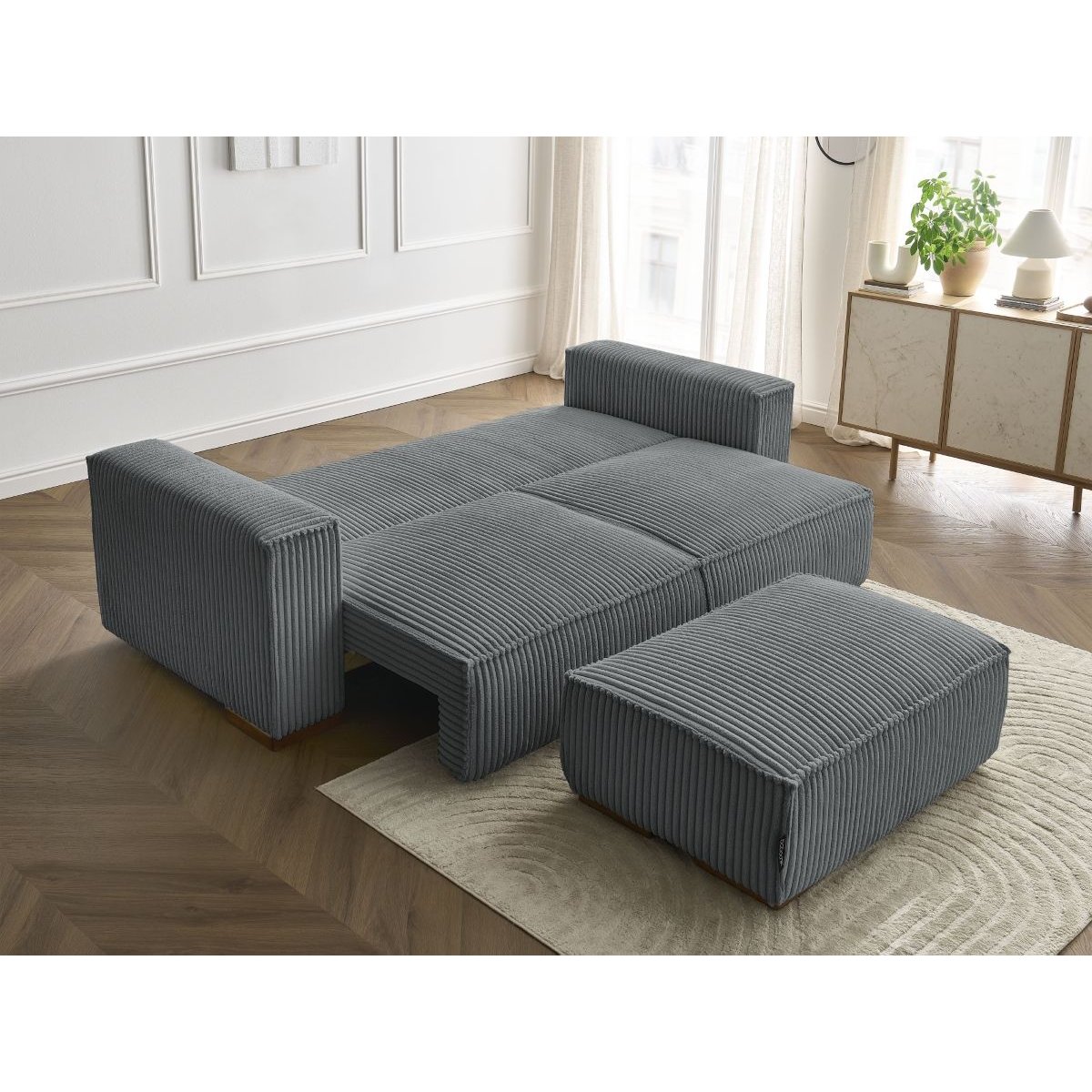 Canapé droit convertible 4 places en gros côtelé doux avec pouf, CHELSEA gris foncé, BOBOCHIC
