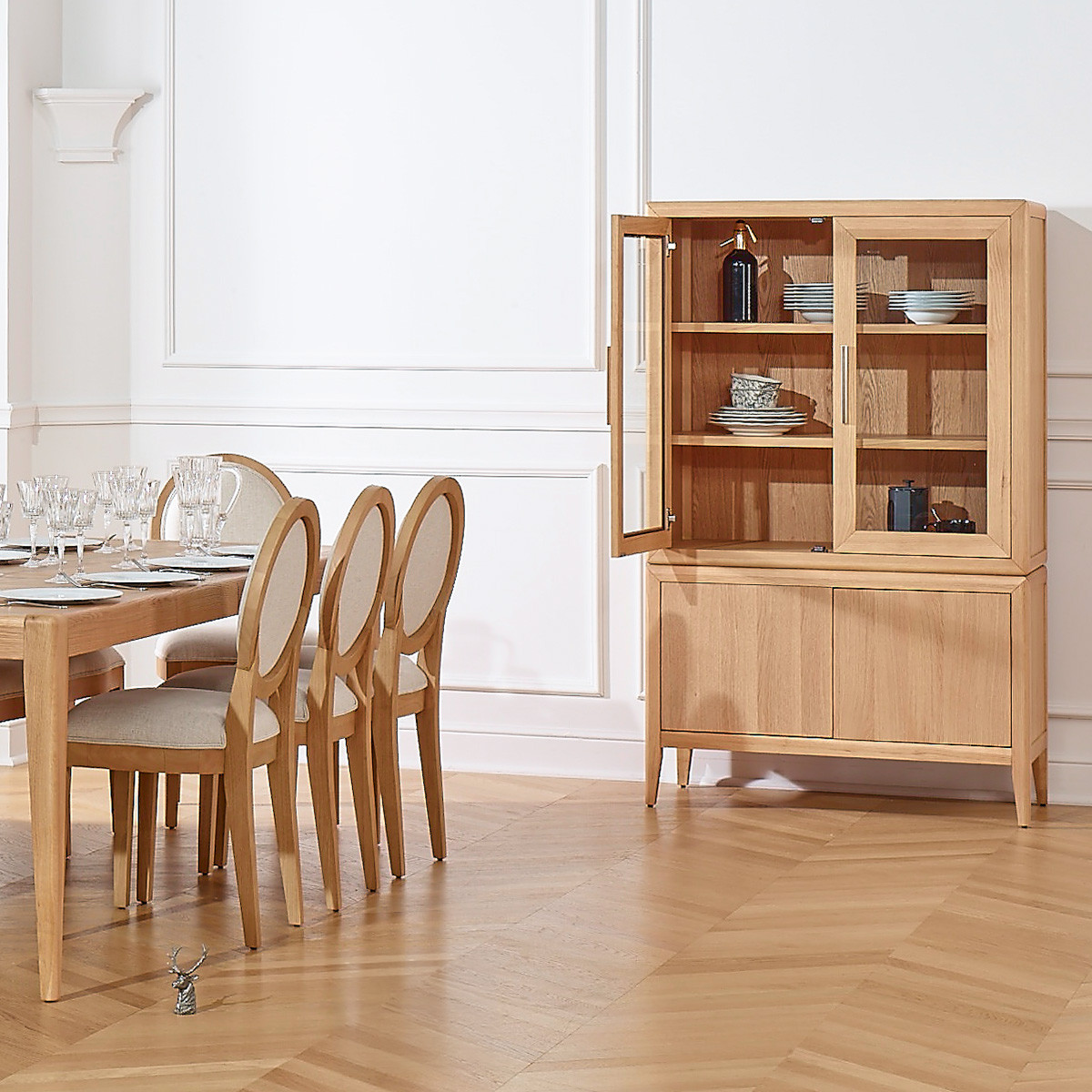Vaisselier en chêne style contemporain, 4 portes, 3 étagères TENNESSEE beige, ROBIN DES BOIS
