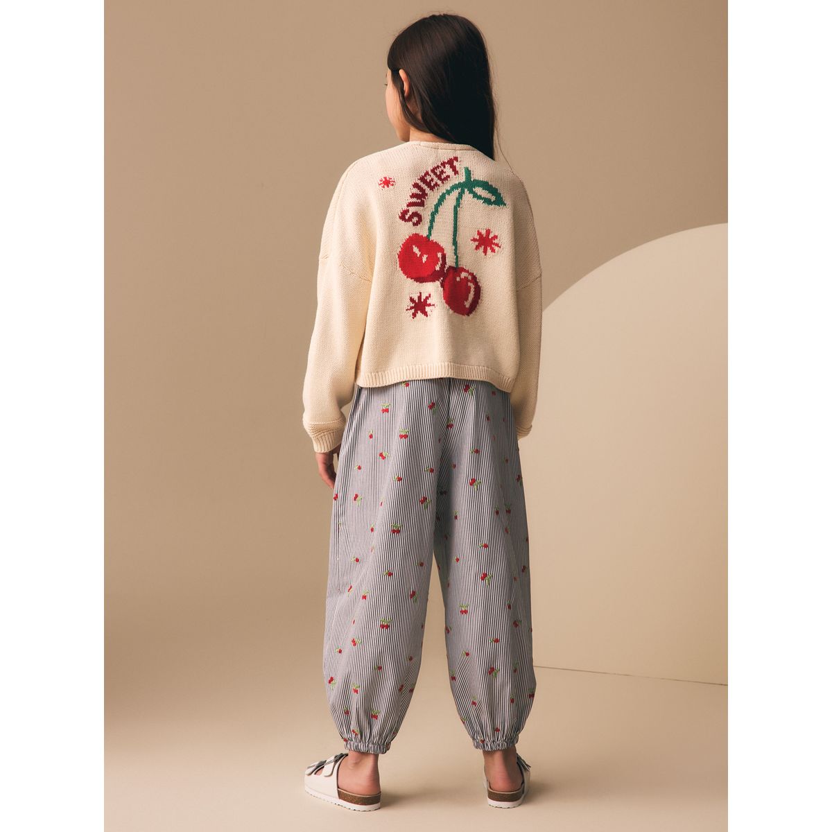 Pantalon style sarouel broderie cerise rayée bleue, NEXT