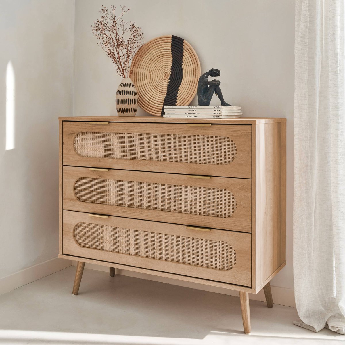 Commode décor bois et cannage arrondi 3 tiroirs EVA naturel, SWEEEK