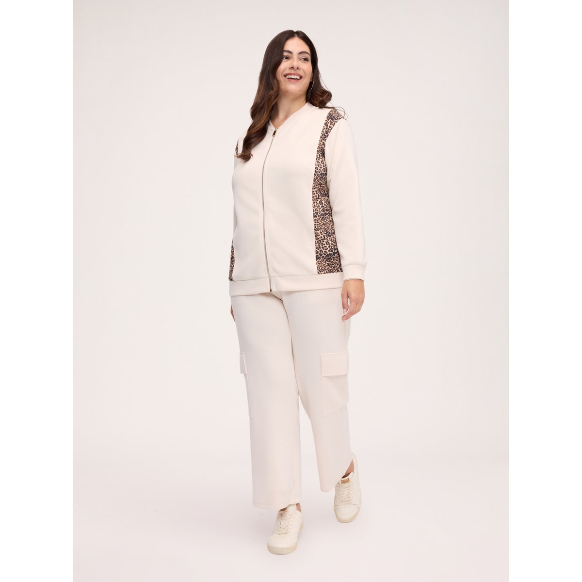 Sweat ouvert avec inserts animaliers beige, FIORELLA RUBINO