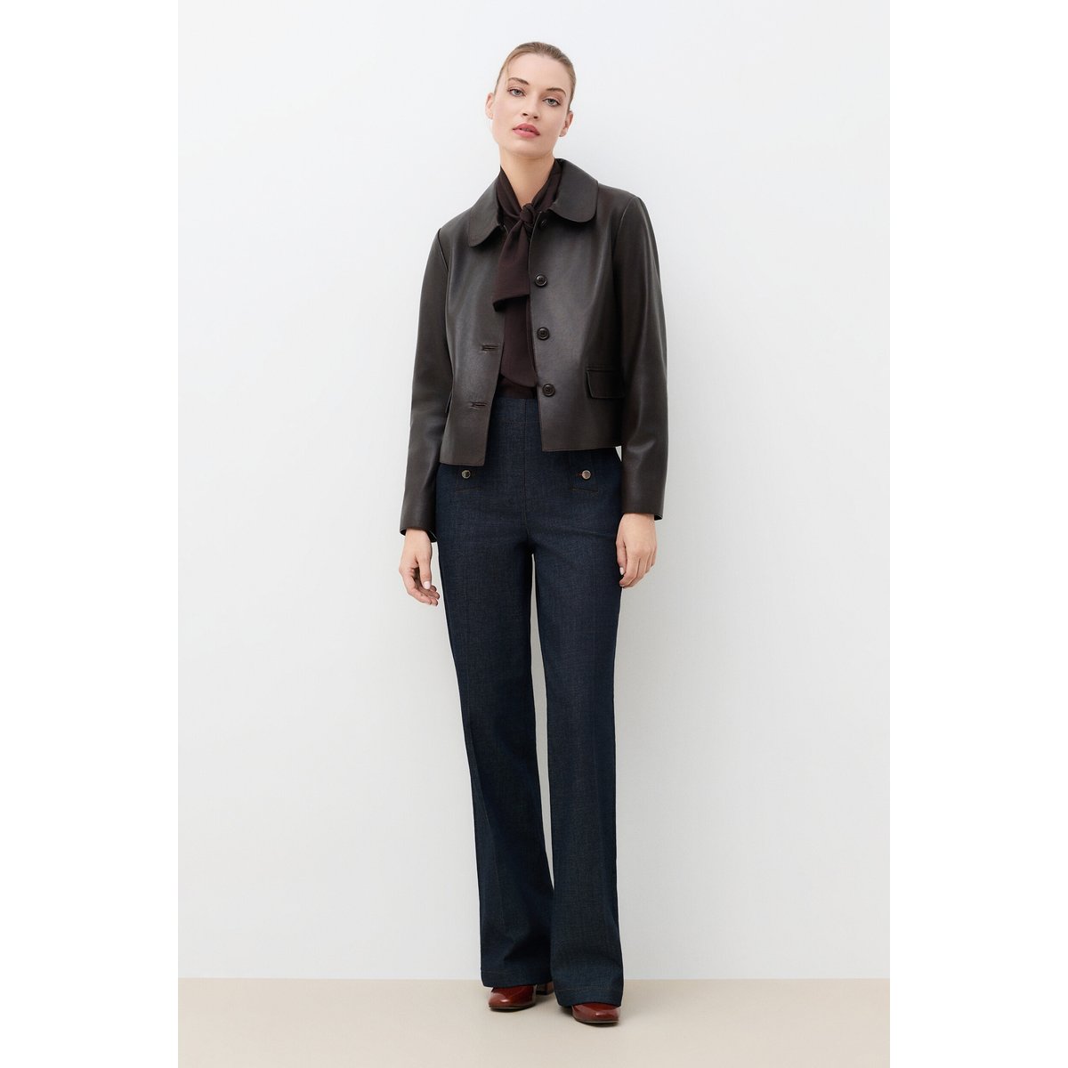 Veste droite en cuir VBRIELLE marron foncé, CAROLL