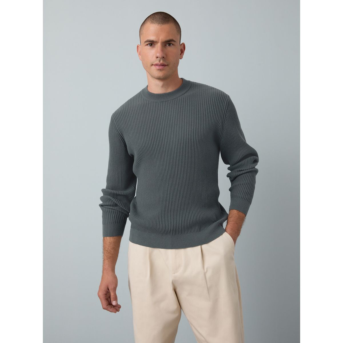 Pull regular col rond côtelé gris ardoise, NEXT