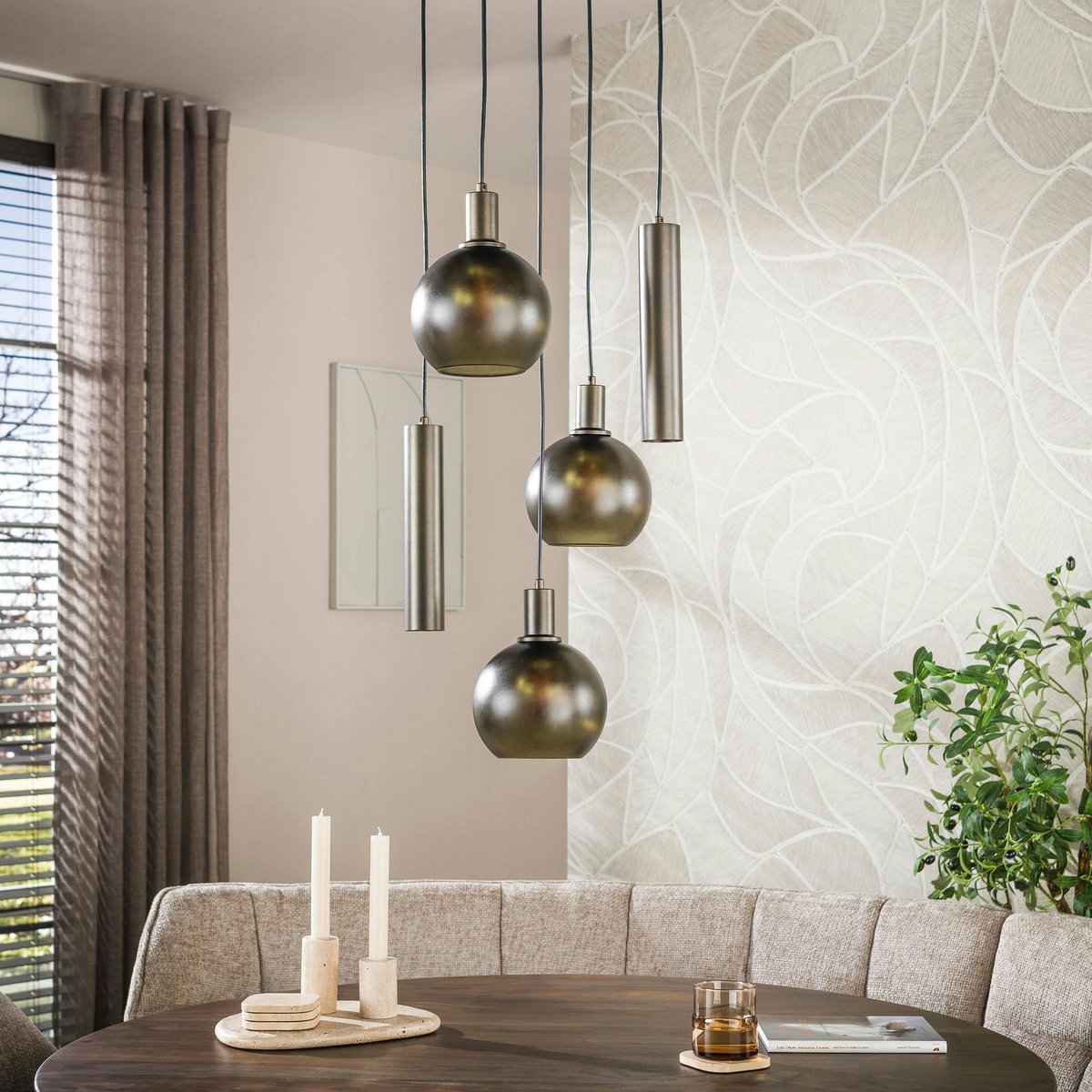 Suspension verticale 5 lampes verre dépoli brun et métal bronze NIAGARA marron, PIER IMPORT