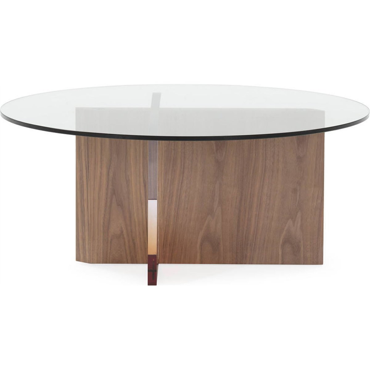 Table basse ronde design contemporain noyer, transparent et ambre, RECOLLECTION