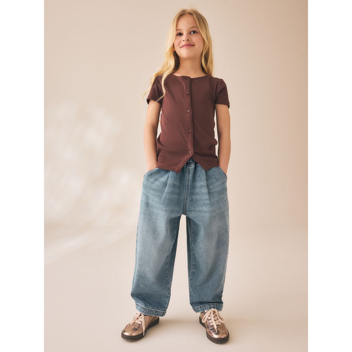 Jean ample baggy denim jersey délavé moyen, NEXT