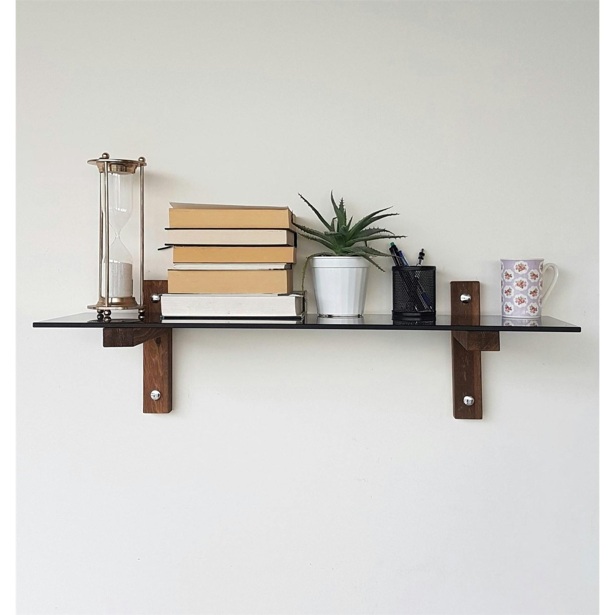 Étagère murale en verre fumé - supports bois foncé LHASA bois naturel, PIER IMPORT