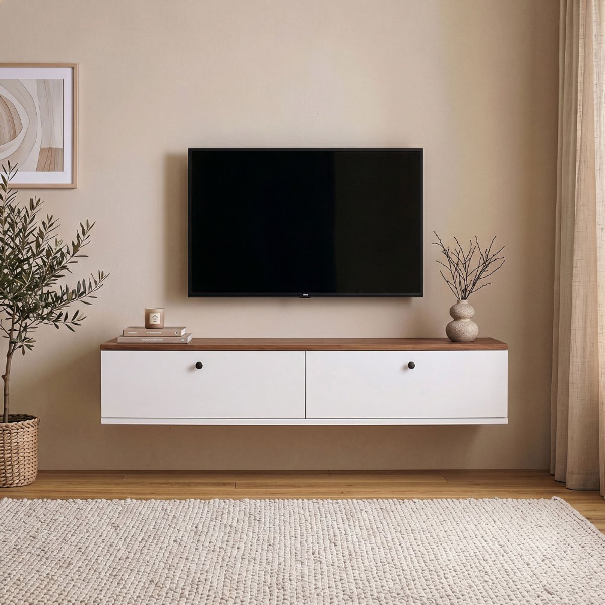 Meuble tv suspendu 2 portes plateau bois foncé L140cm- YARA blanc, DRAWER