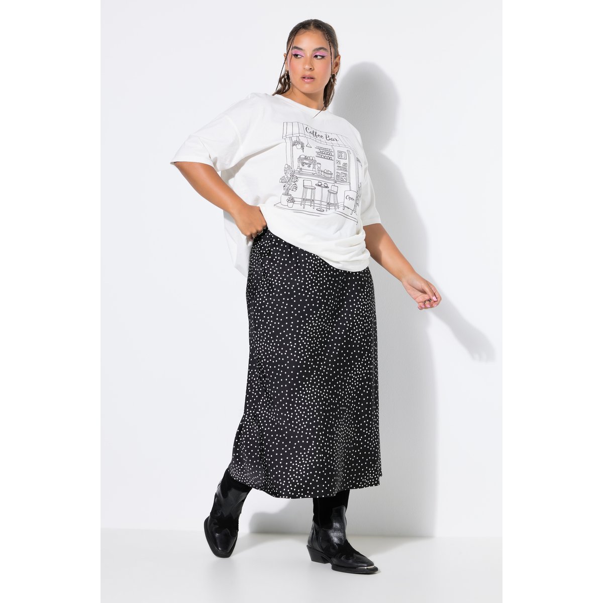 Jupe midi en satin, coupe trapèze, à pois noir, STUDIO UNTOLD