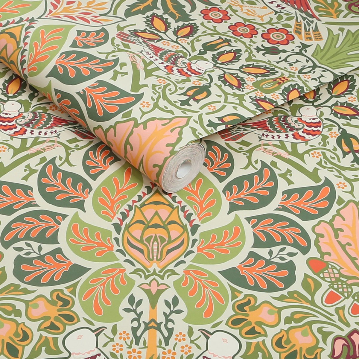 Papier peint Colombes dans un jardin fleuri paradisiaque vert olive, ocre, rouge, beige, WILLIAM MORRIS AT HOME