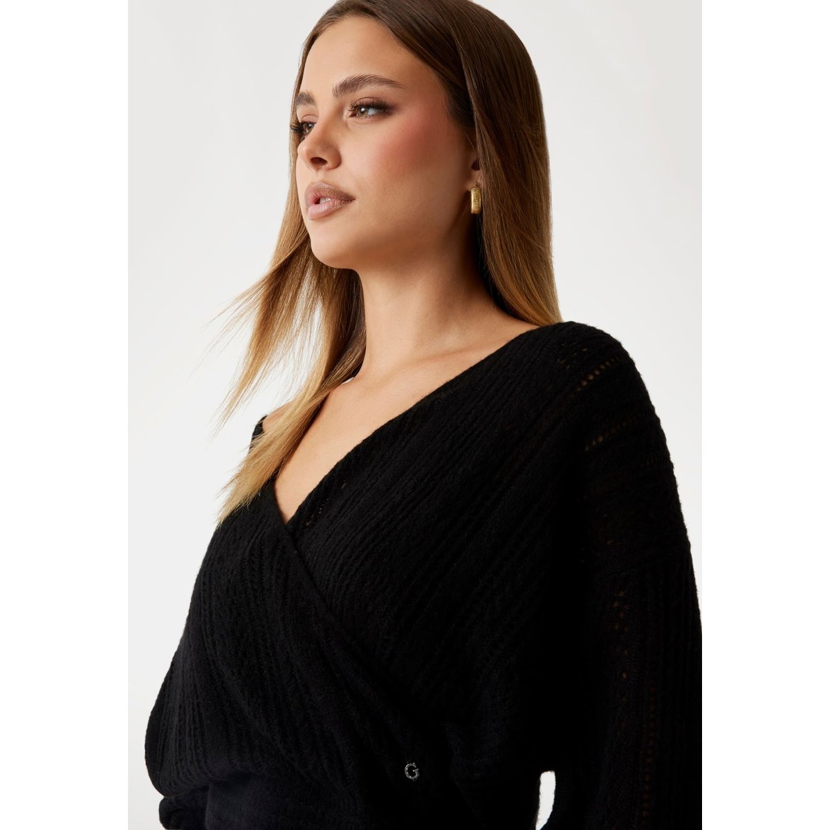 Pull Maille Ajourée Alpaga Mélangé noir, GUESS