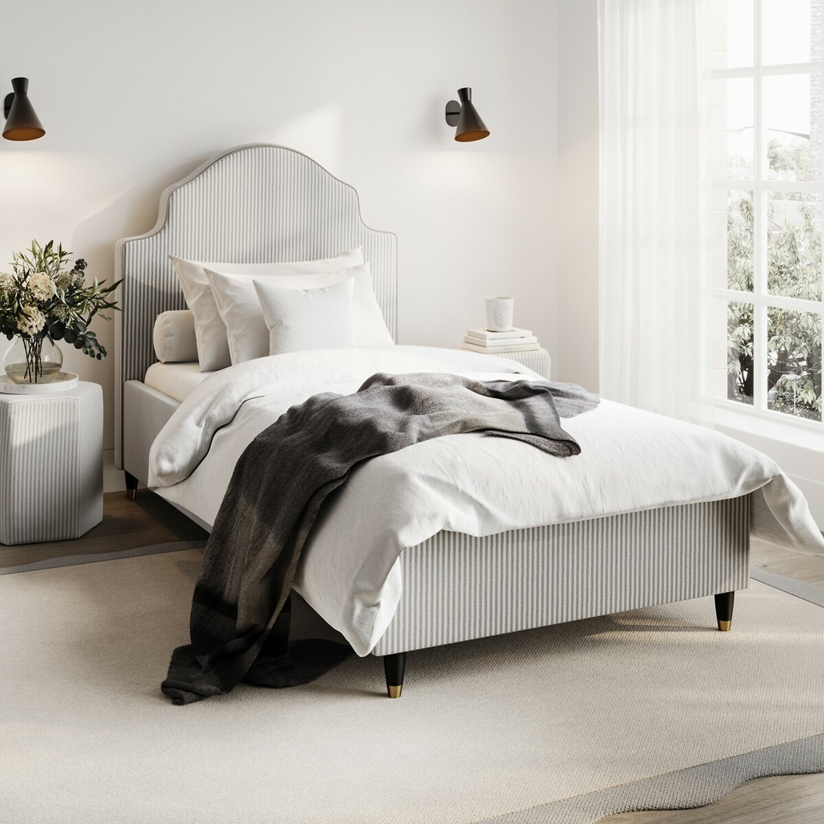 Ottavia Linen Stripe Upholstered Bed with French Style Headboard grey stripes, ÉDITÉ