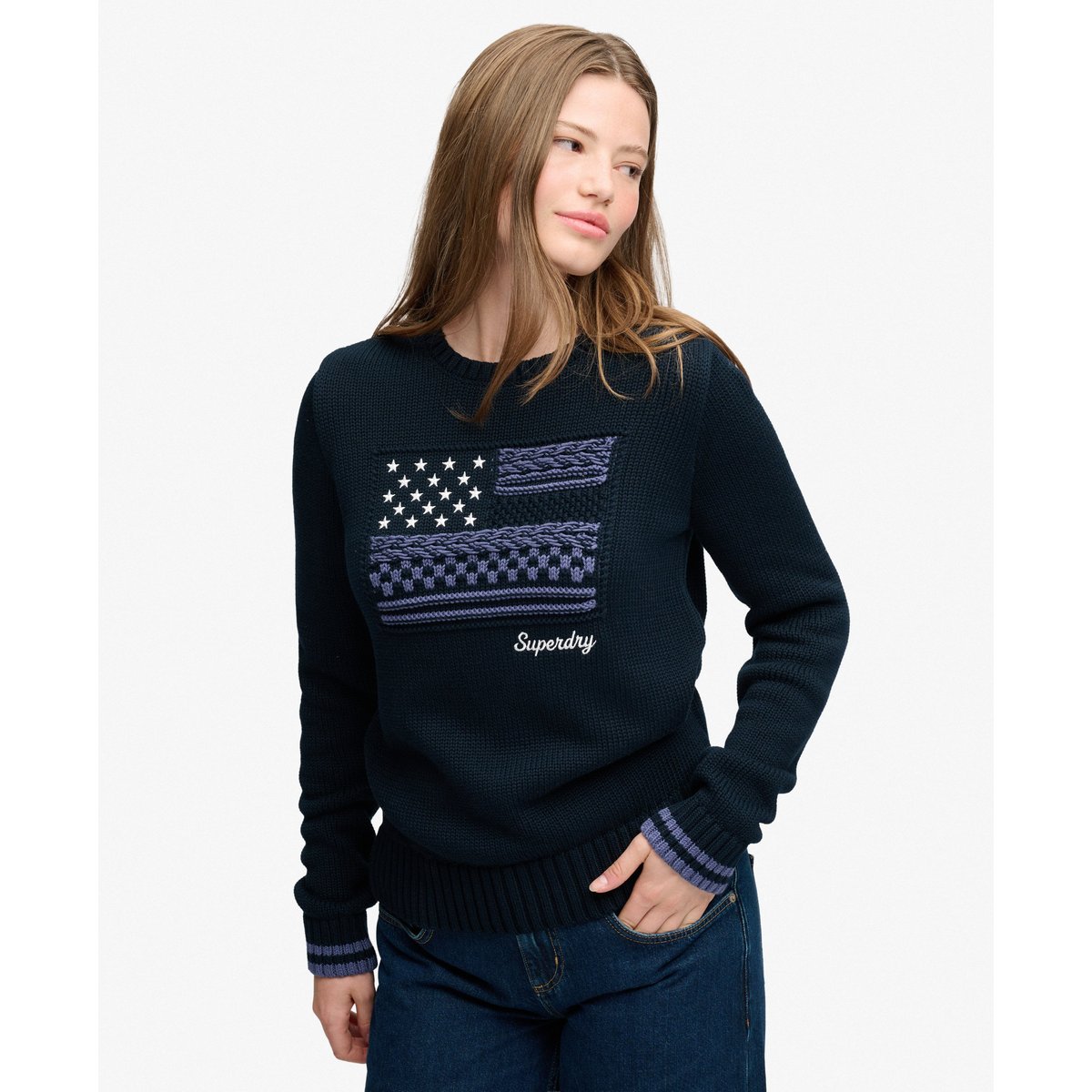 Pull Cable Flag Knit coupe décontractée bleu marine éclipse, SUPERDRY