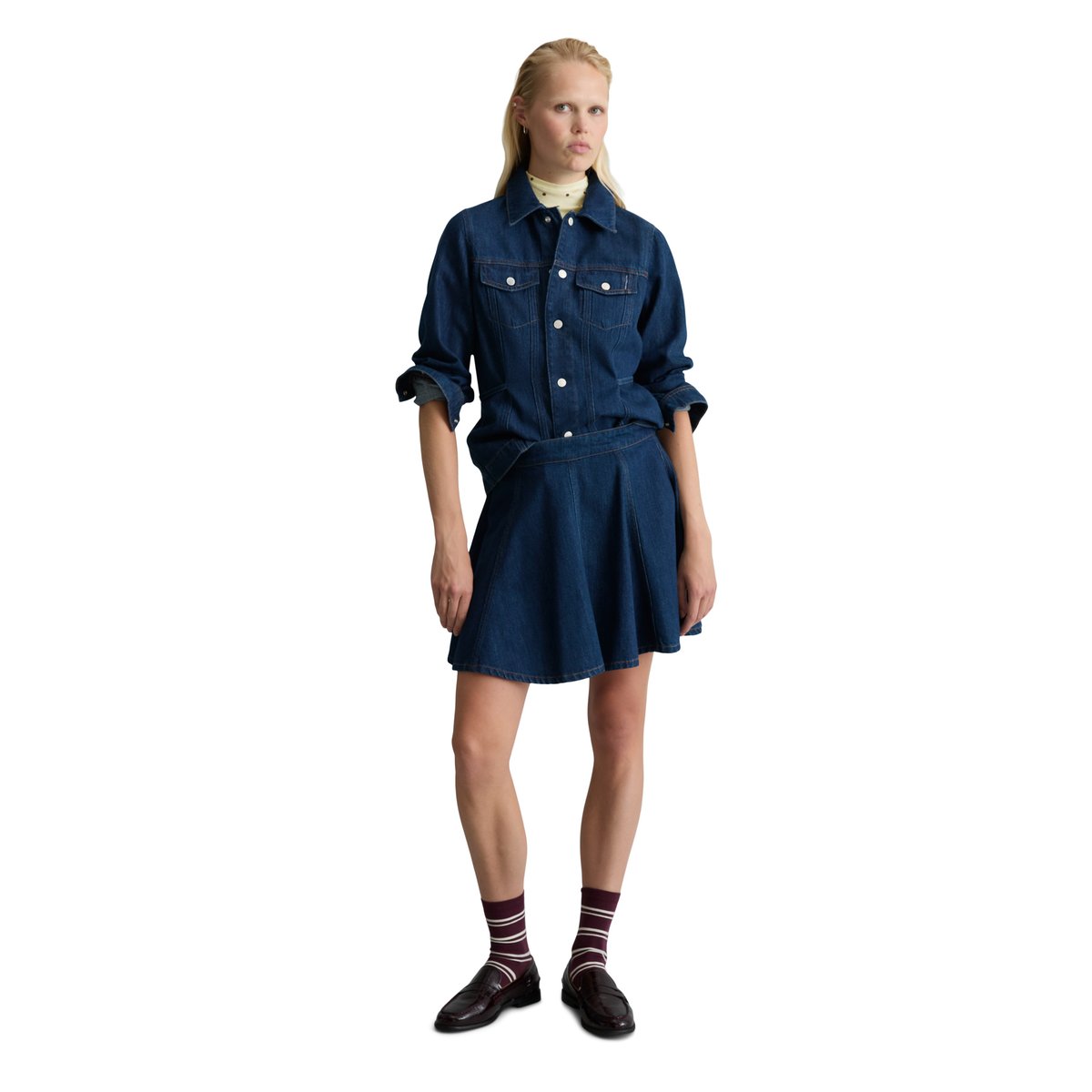 Mini-jupe évasée en jean réalisé avec Orange Fiber bleu, MARC O’POLO DENIM