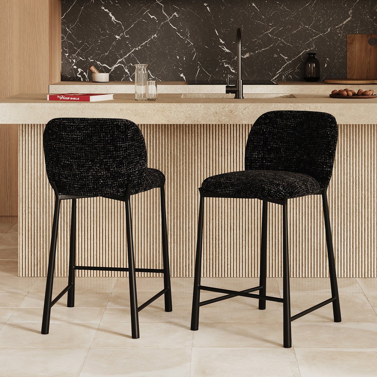 Chaises de bar bento en tissu - BENTO noir, MAISON PAVANE