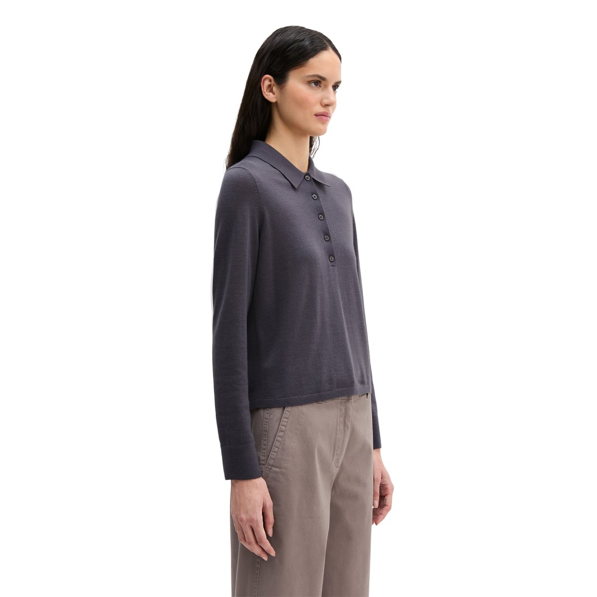 Polo en maille fine regular en noble mélange de laine mérinos et de viscose gris foncé, MARC O'POLO