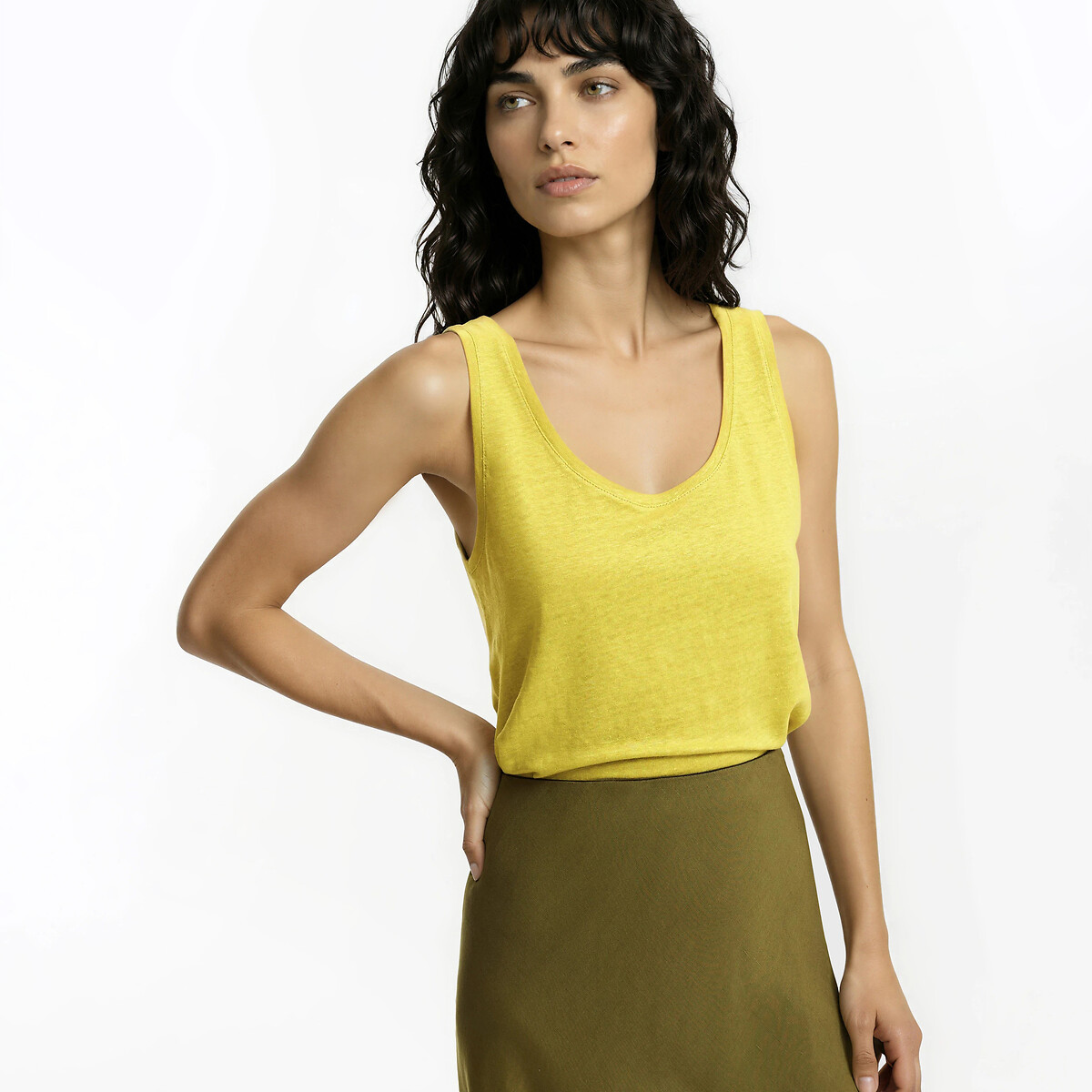Losvallende tanktop met ronde hals van linnen bronsgroen, LA REDOUTE COLLECTIONS