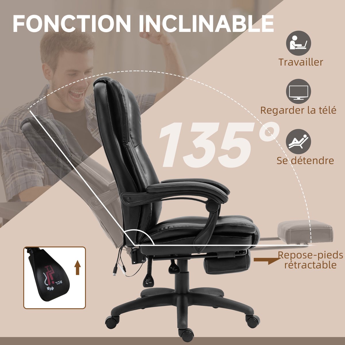 Fauteuil de bureau avec fonction massage noir, HOMCOM
