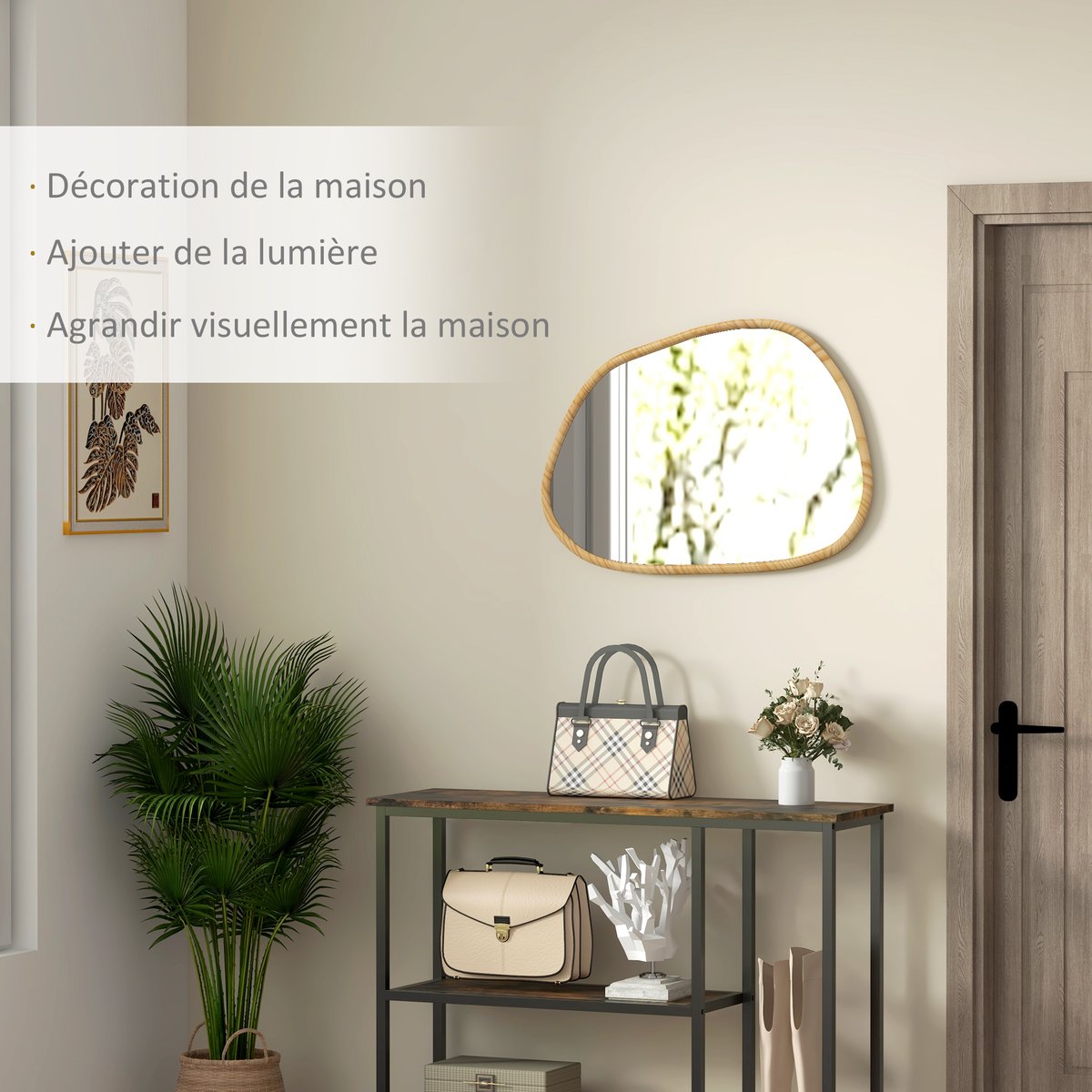 Miroir mural Bois de pin Bois naturel beige, HOMCOM
