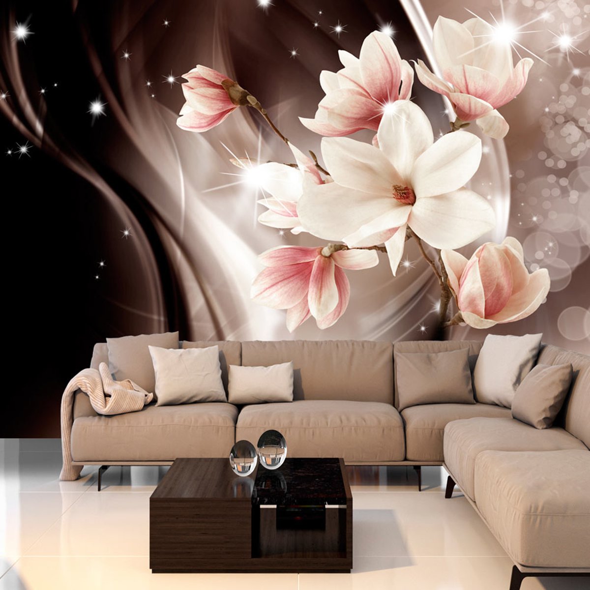 Papier peint intissé panoramique Fleurs Magic of the Night rose, EDEN