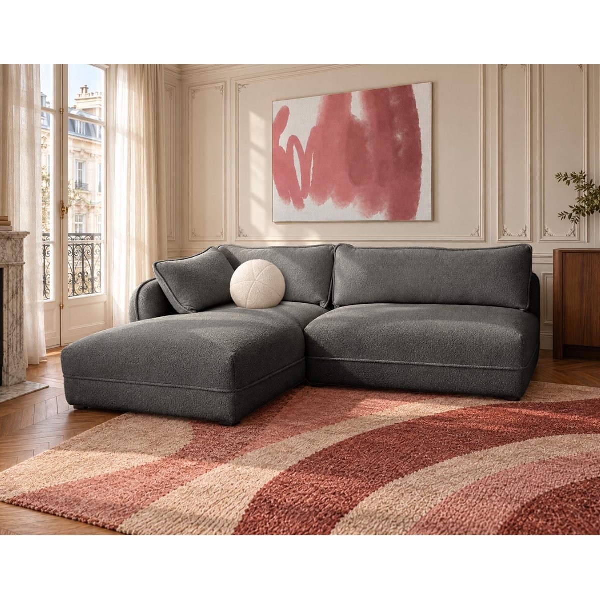 Canapé d'angle gauche 5 places en tissu bouclette, LUCIEN gris, BEST MOBILIER