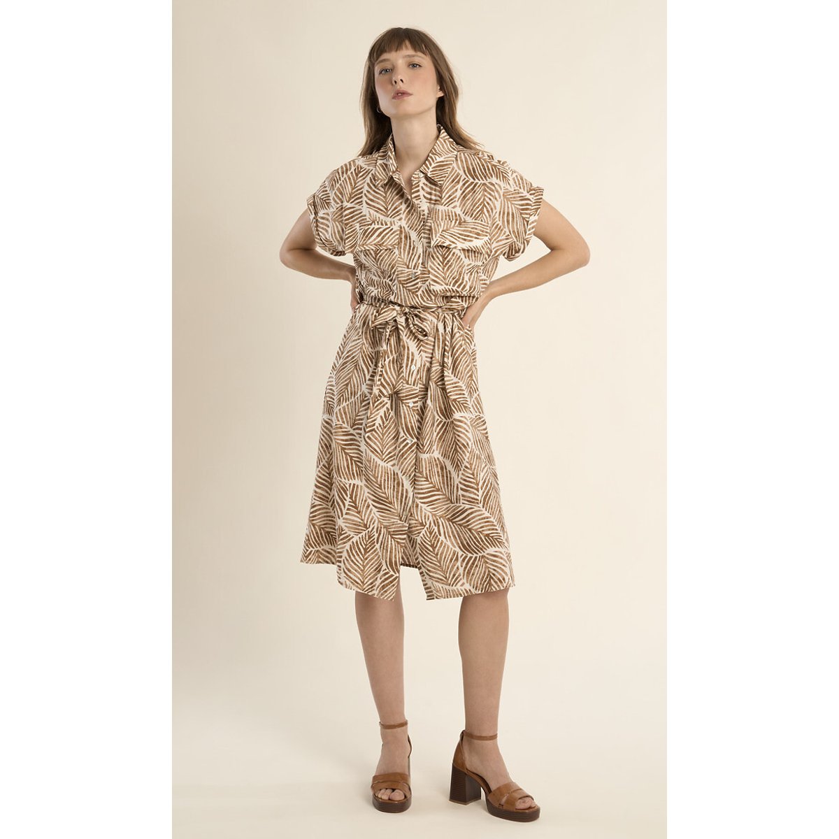 Robe imprimée col chemise avec ceinture imprimé camel, MOLLY BRACKEN