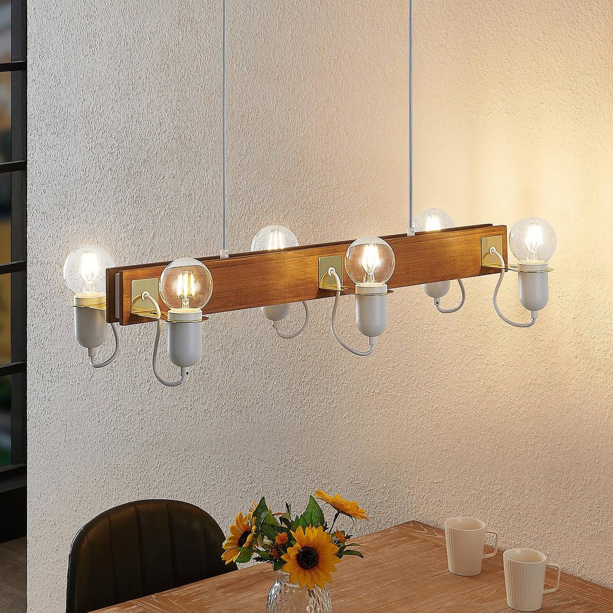 Suspension en bois scandinave, Becky bois ancien, blanc, laiton poli, LUCANDE