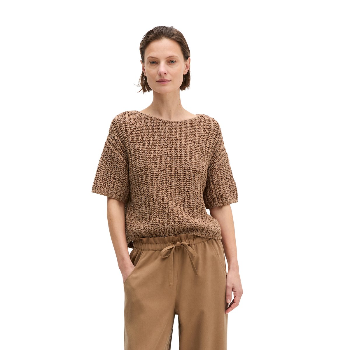 Pull-over en maille à manches courtes boxy en fil à bandelettes marron, MARC O'POLO