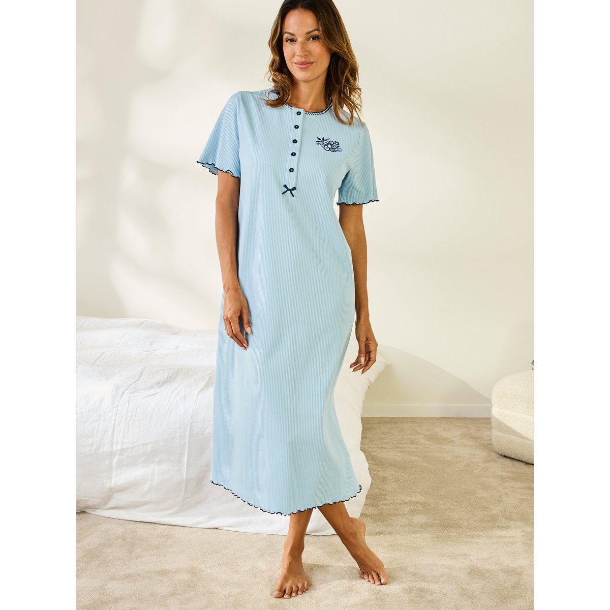 Chemise de nuit longue coton bleu, DAXON