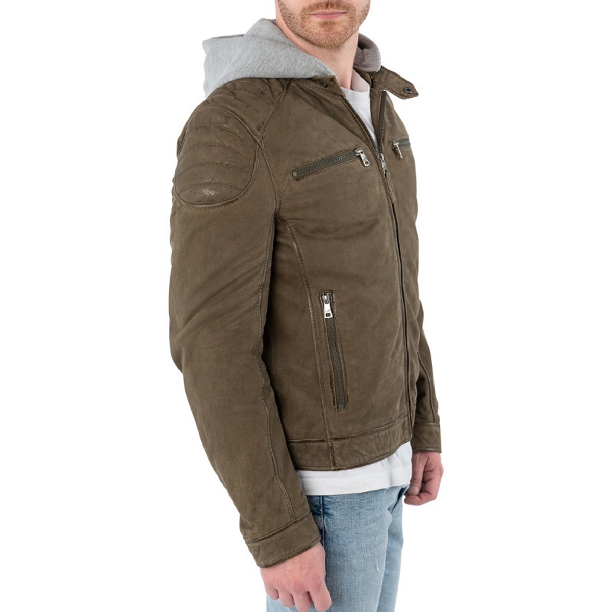 Blouson en cuir de mouton olive uni avec une coupe ajustée et un col à capuche vert foncé, GIPSY