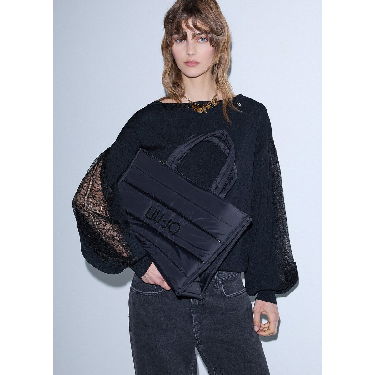 Sac tote grand format en nylon matelassé noir, LIU JO