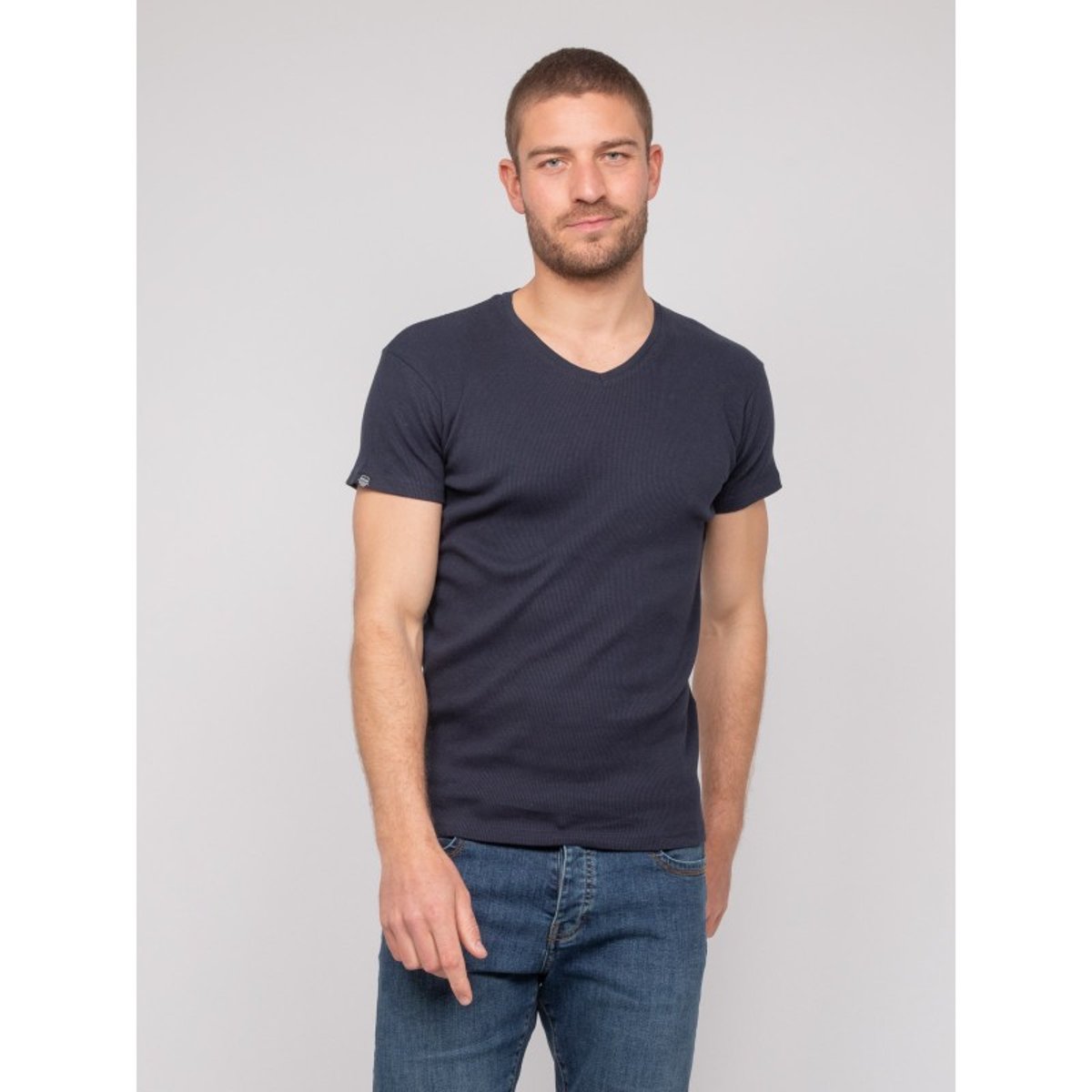 T Shirt Col V Coton Cottelé William bleu marine, RITCHIE