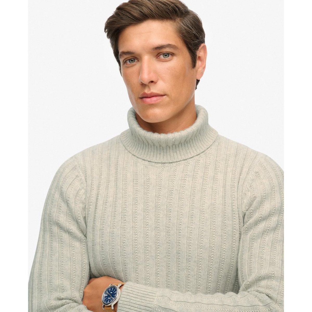 Pull à Col Roulé Côtelé The Merchant Store beige avoine, SUPERDRY