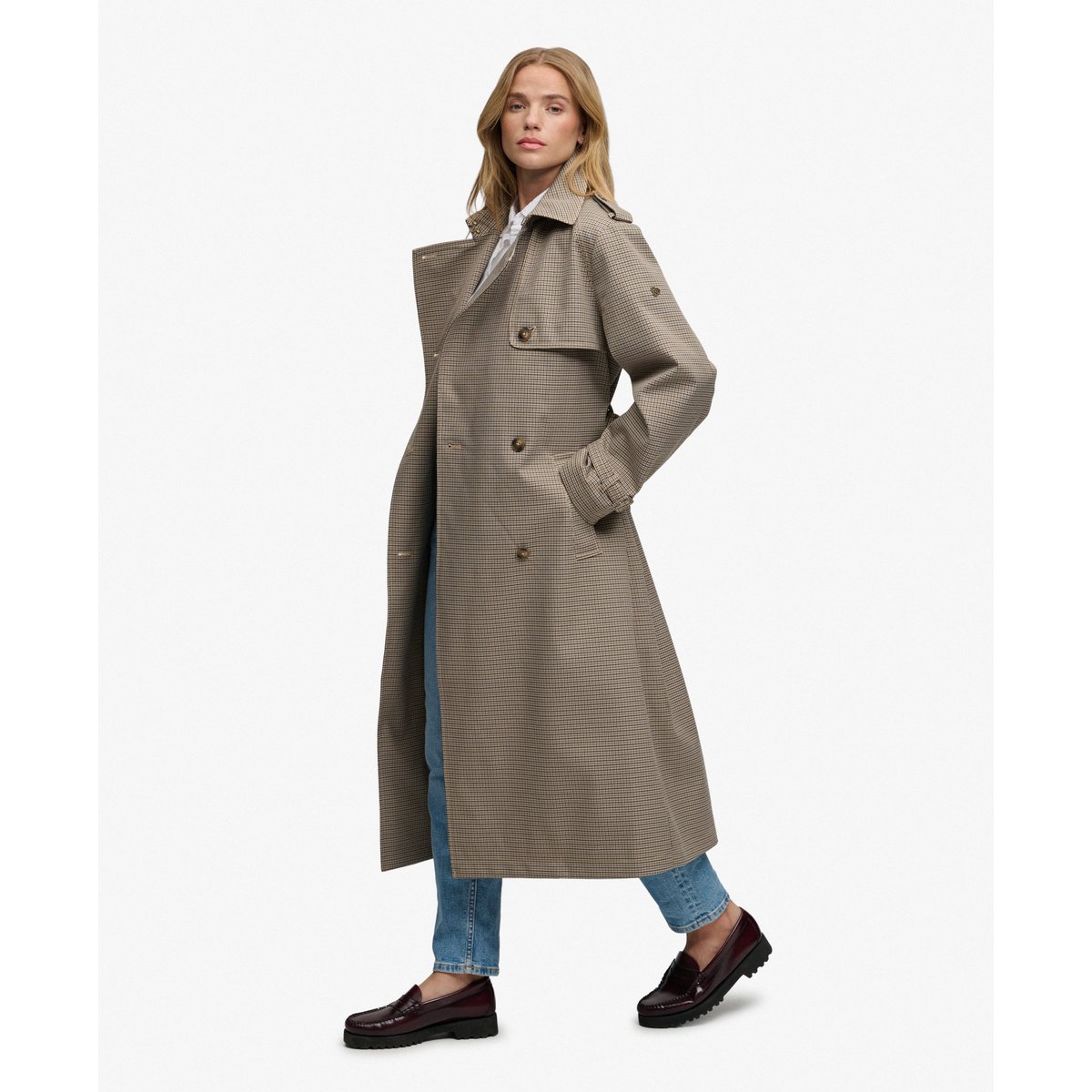Trench-coat à micro-carreaux pied-de-poule brun micro, SUPERDRY