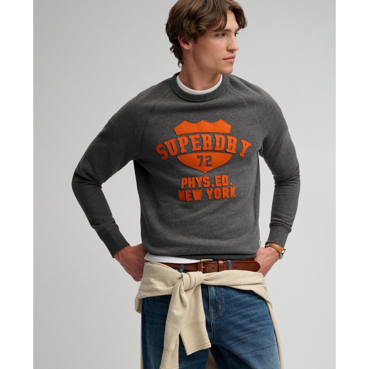 Sweat Athletic col rond coupe décontractée anthracite clair chiné, SUPERDRY