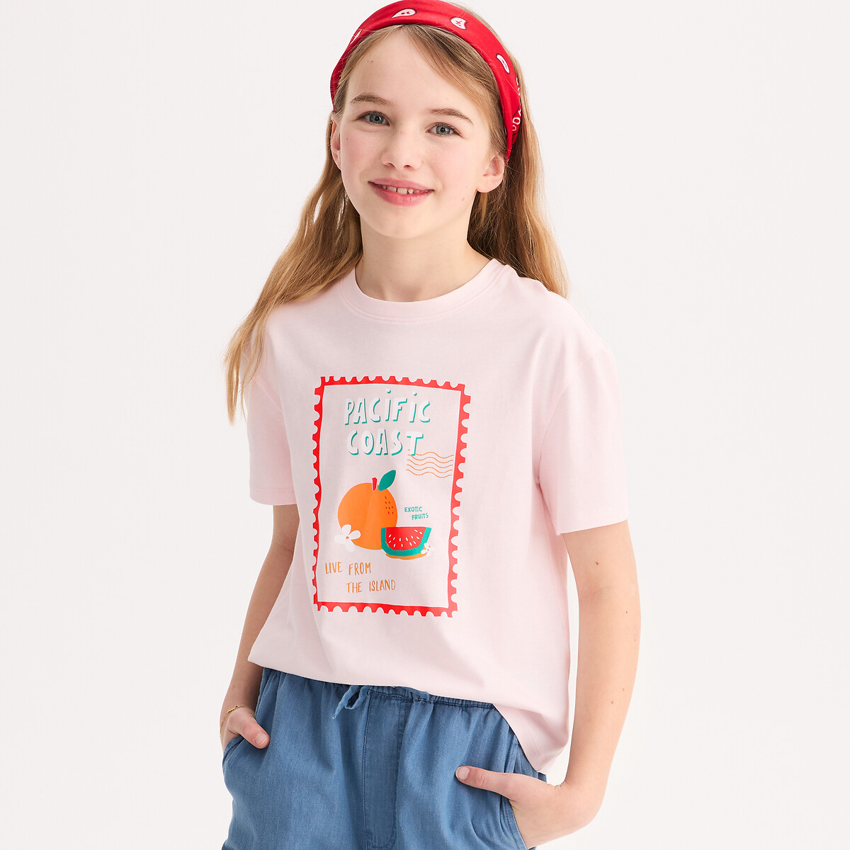 T-shirt col rond, à manches courtes, motif fruits avec message imprimé devant rose, LA REDOUTE COLLECTIONS