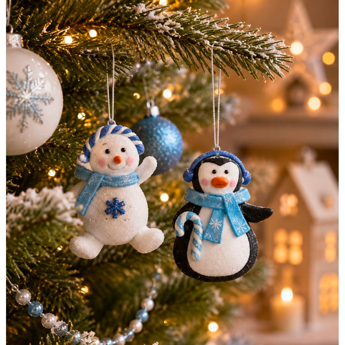 Set de 2 suspensions de Noël – Pingouin et bonhomme de neige bleu, EDEN