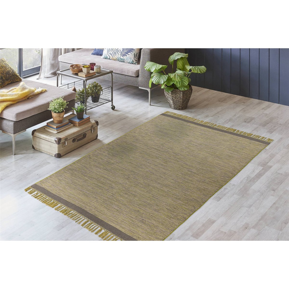 Tapis frangé en laine tissé main gris vert chiné naturel, ARTE ESPINA