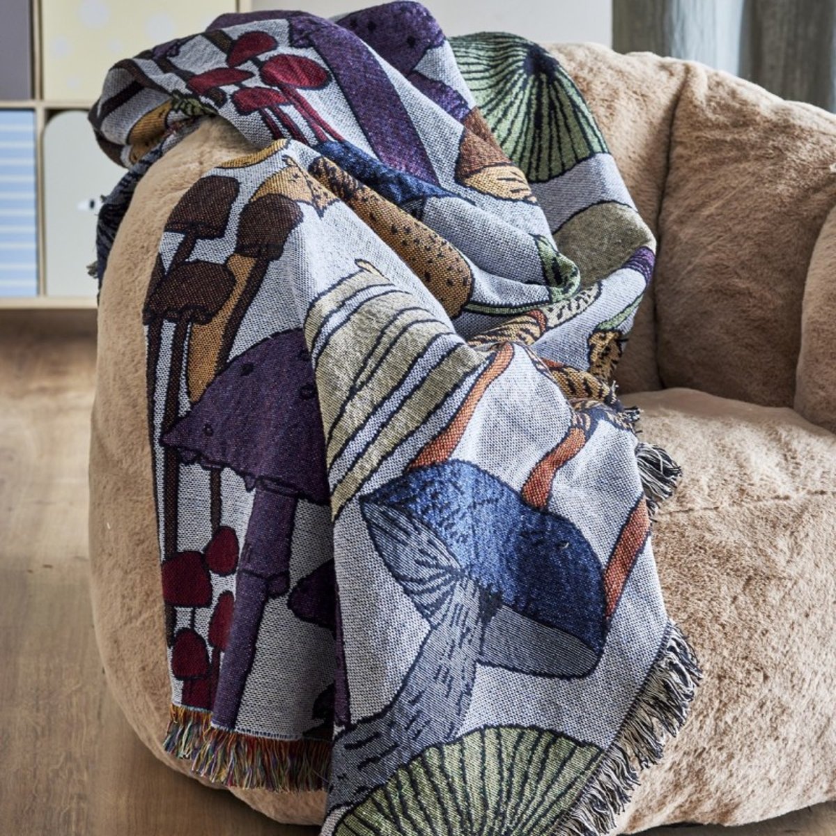 Plaid motif champignons coton recyclé SONAM multicolore, BLOOMINGVILLE