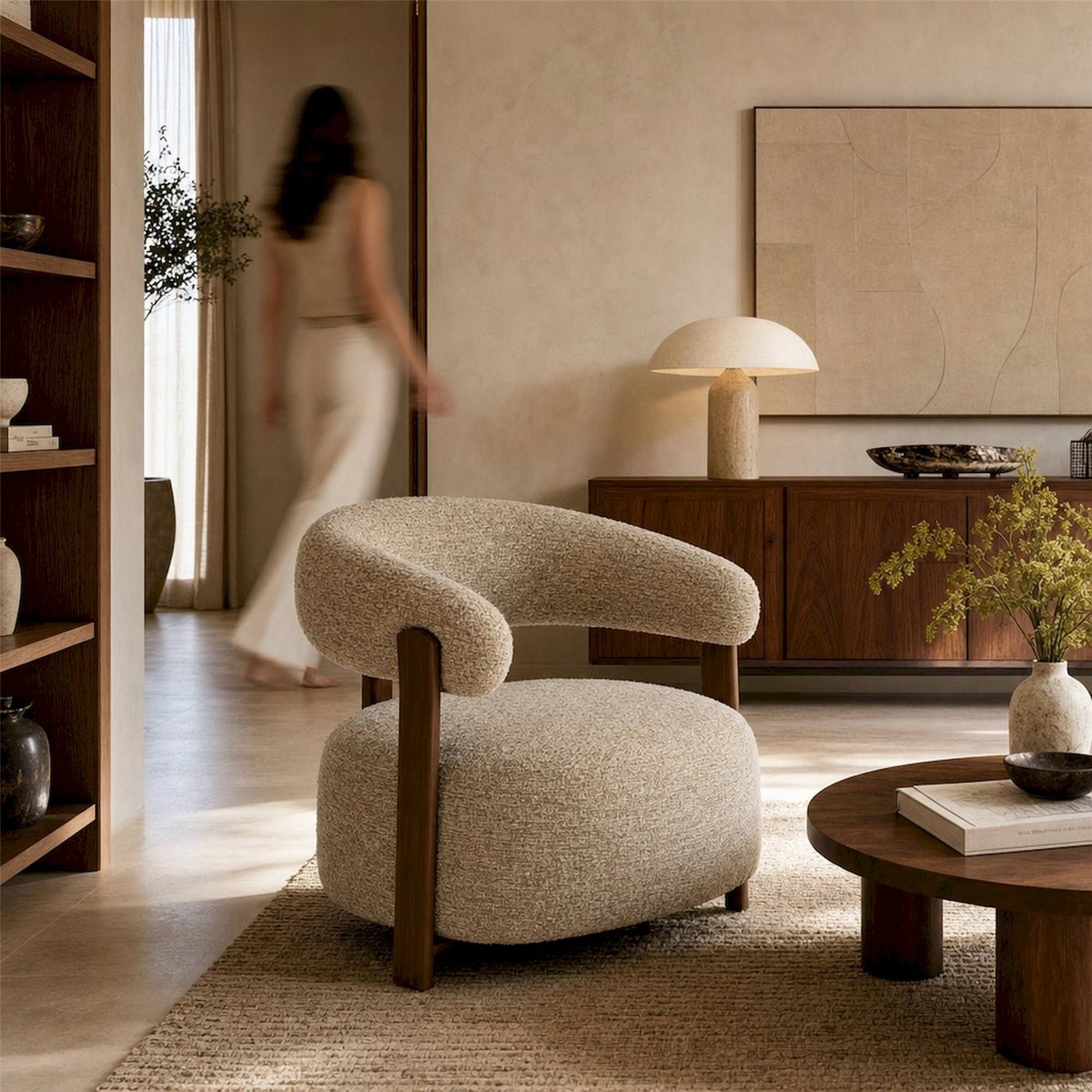 Fauteuil enveloppant en tissu bouclé écru, RECOLLECTION