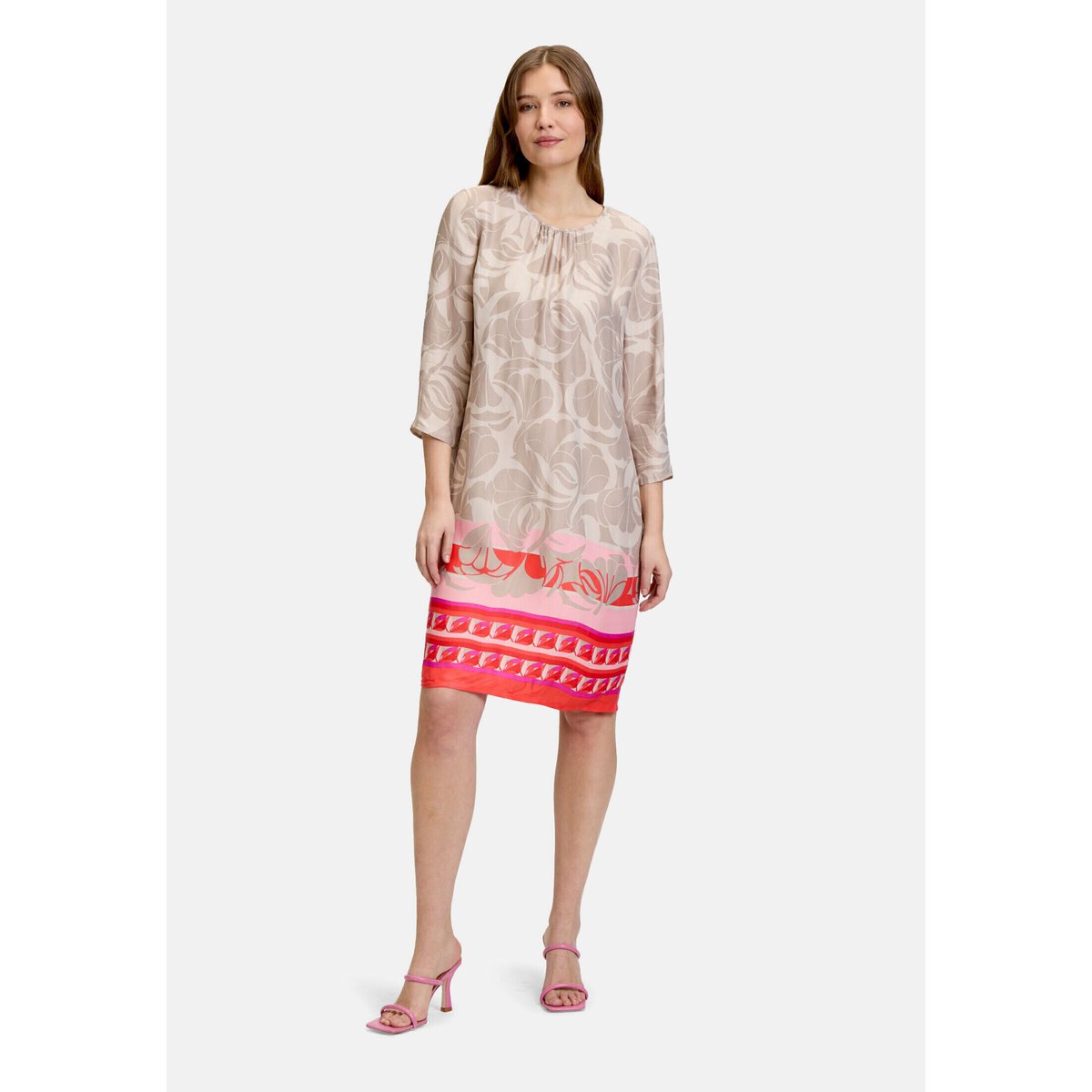 Robe d'été à encolure ronde taupe/rouge, BETTY BARCLAY