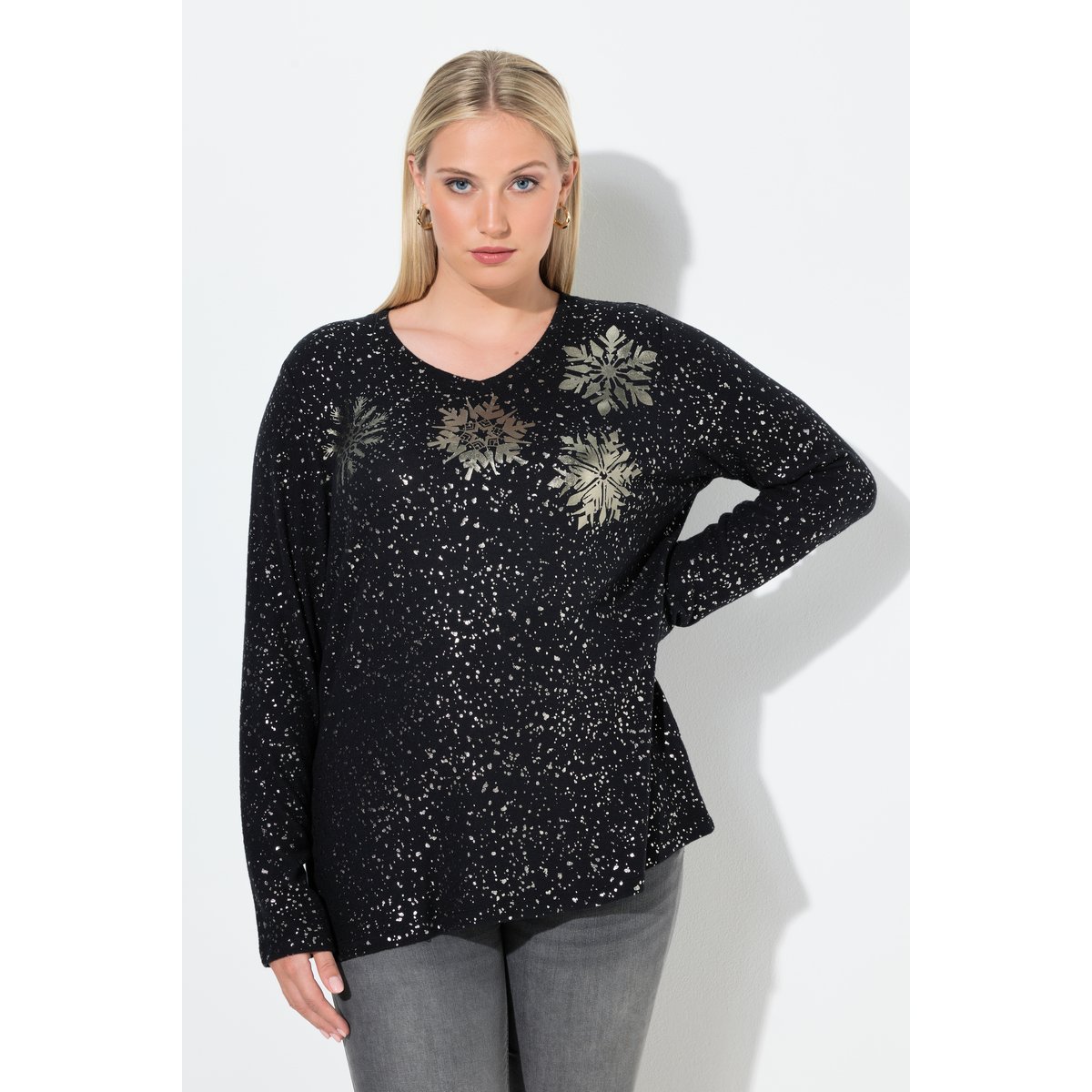 Sweat-shirt à col V et manches longues noir, ULLA POPKEN